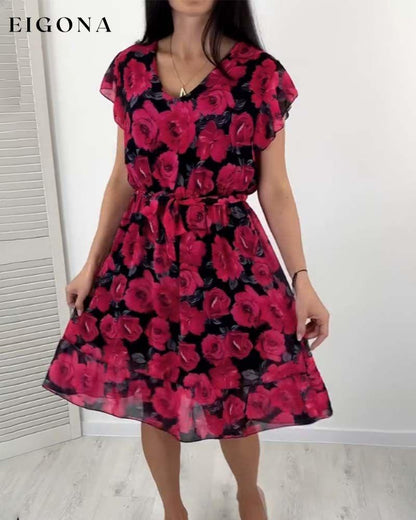 Short-sleeved rose print dress casual dress elegant dress spring summer