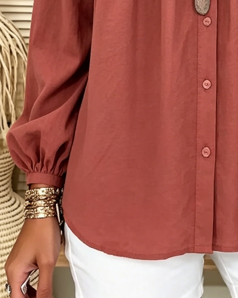 Round Neck Pleated Long Sleeve Blouse