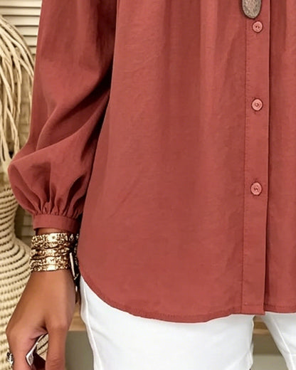 Round Neck Pleated Long Sleeve Blouse