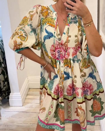 Bohemian V-Neck Printed Babydoll Dress