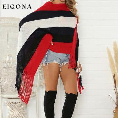 Striped Fringe Trim Poncho clothes Romantichut Ship From Overseas