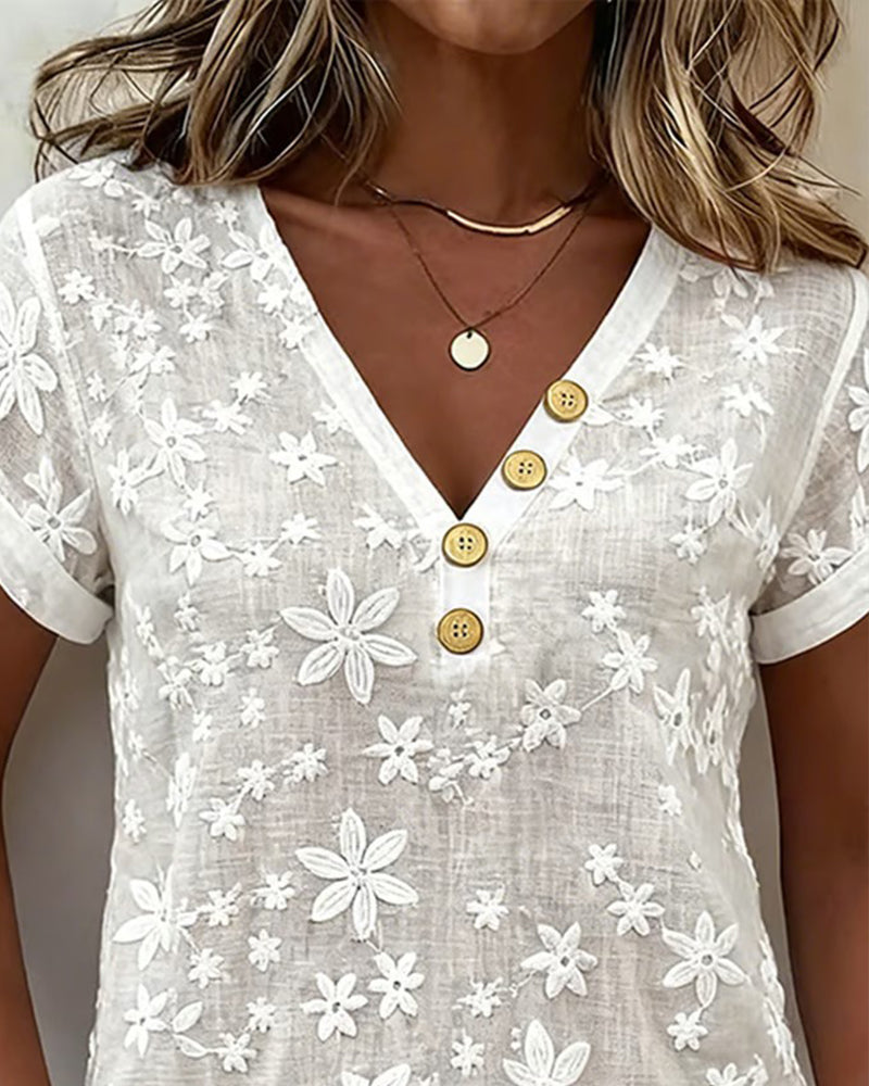 Solid Color 3d Floral V-Neck Blouse