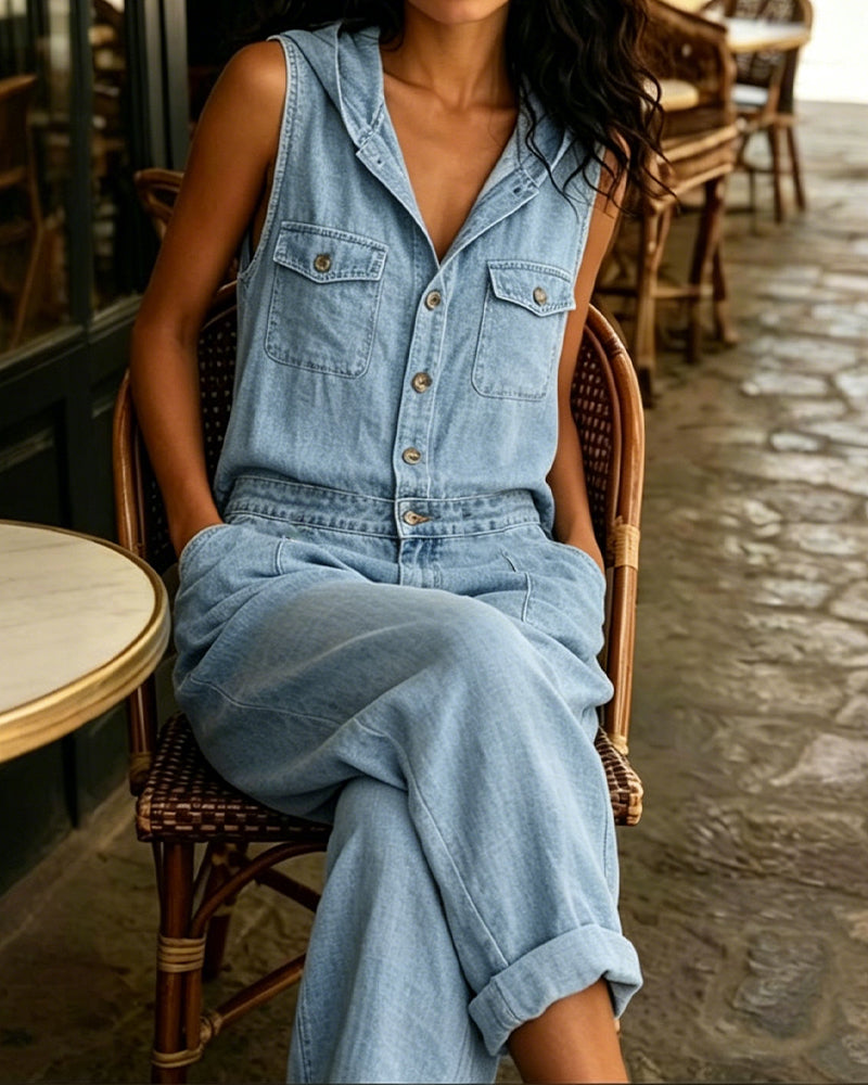 Washed Denim Sleeveless Hooded Jumpsuit