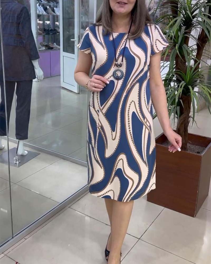 Casual printed short-sleeve crew neck pocket dress casual dresses summer