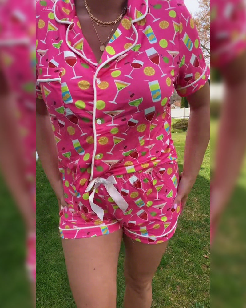 Wine Bottle Print Casual Two-Piece Sets