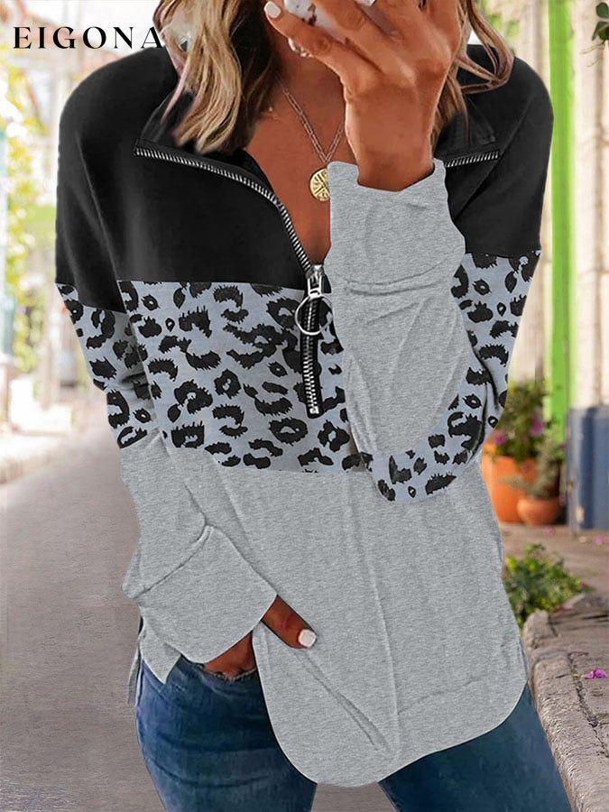Loose Panel Leopard V-Neck Long Sleeve Sweatshirt top tops