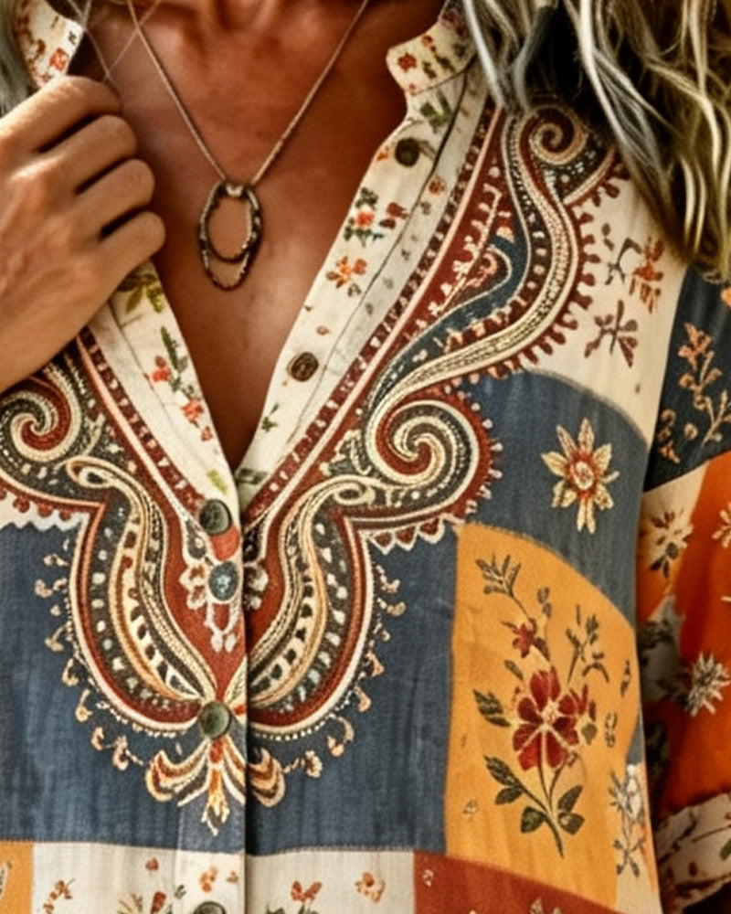 Color-Block Print Long-Sleeve Blouse