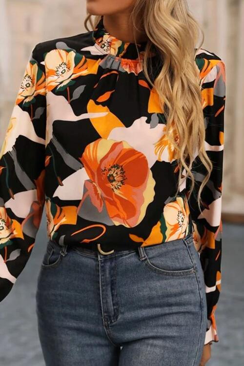Floral Mock Neck Flounce Sleeve Blouse clothes long sleeve shirt long sleeve shirts long sleeve top long sleeve tops Ship From Overseas shirt shirts SYNZ top tops