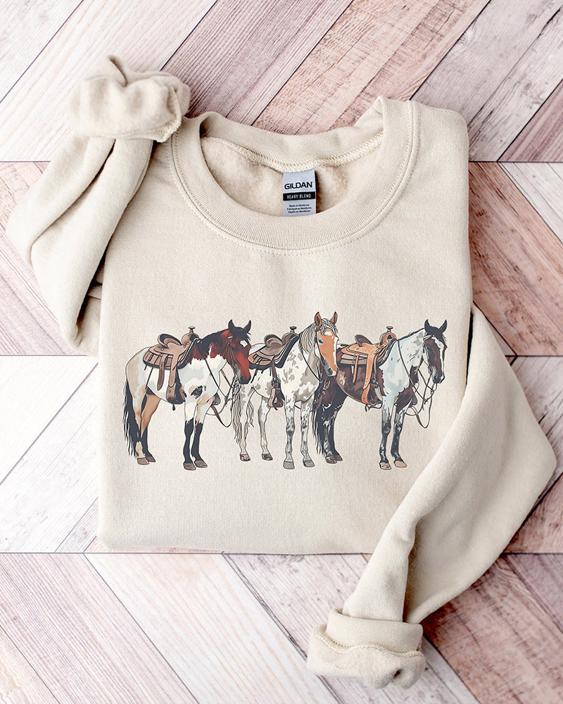 Women's Horse Print Crewneck Sweatshirt 2024 f/w sweatshirts western style