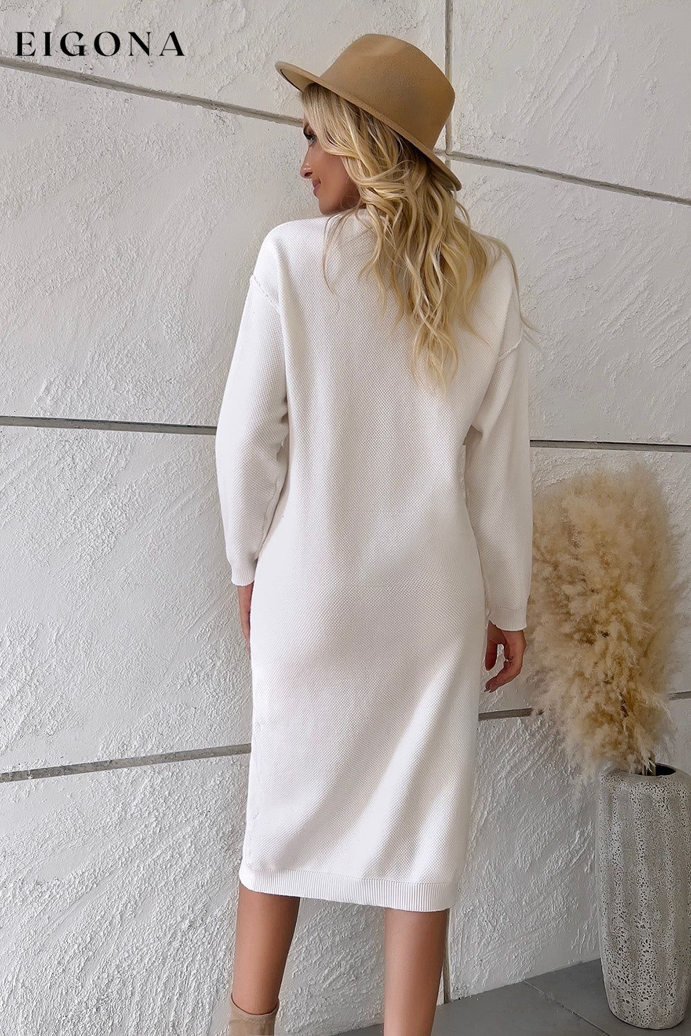 Buttoned Drop Shoulder Sweater Dress, Casual Long Sleeve Dresses casual dress casual dresses clothes dresses DY Ship From Overseas Sweater sweater dress sweaters