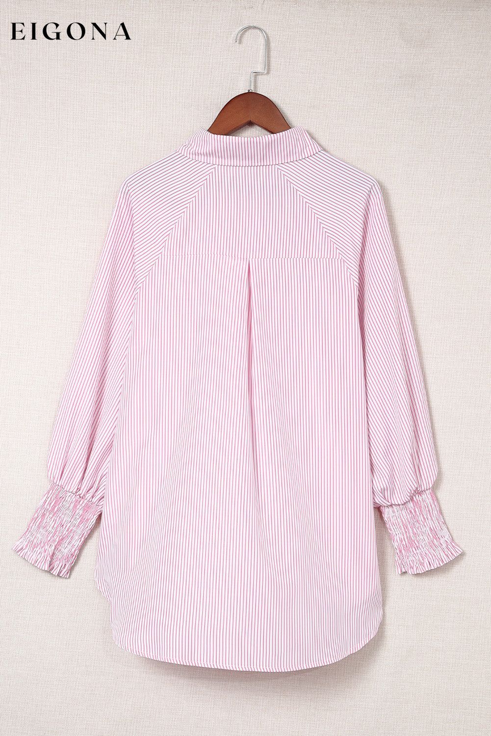 Pink Smocked Cuffed Striped Boyfriend Shirt with Pocket All In Stock button down womens clothes Color Pink Craft Smocked DL Exclusive Early Fall Collection long sleeve shirts long sleeve top Occasion Daily Print Stripe Season Spring Stripe tops Style Modern tops