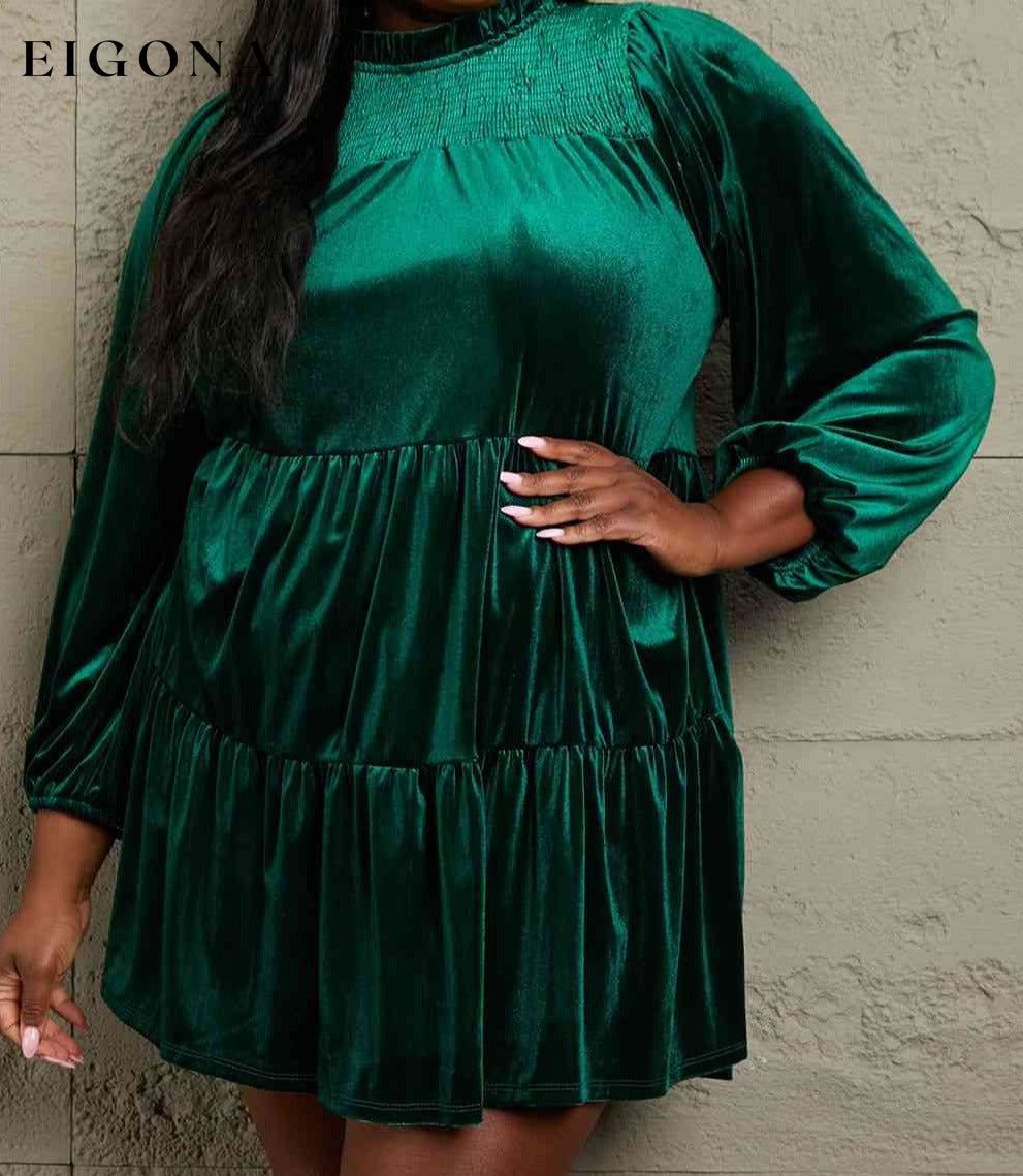 Full Size Velvet Short Casual Tiered Dress Black Forest BFCM - Up to 70 Percent Off Black Friday casual dresses clothes dresses GeeGee Green dress green dresses long dress long sleeve long sleeve dresses Ship from USA short dresses