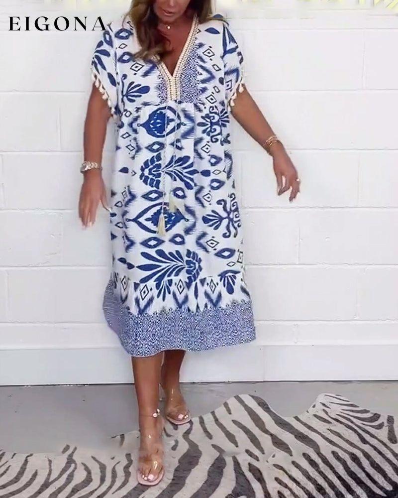 Printed tassel v-neck short sleeve dress casual dresses summer