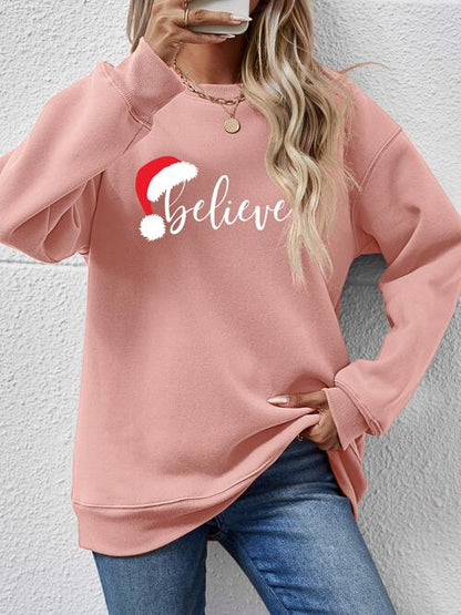 BELIEVE Graphic Long Sleeve Holiday Christmas Sweatshirt Blush Pink Changeable christmas sweater clothes Ship From Overseas
