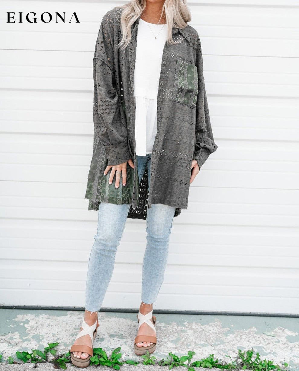 Duffel Green Eyelet Pattern Patchwork Oversized Button Up Shacket All In Stock clothes Craft Embroidery long sleeve shirt long sleeve shirts long sleeve top long sleeve tops Outerwear Print Solid Color Season Fall & Autumn shirt shirts Style Western top tops