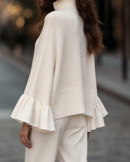 Turtleneck Patchwork Ruffled Sleeve Pullover