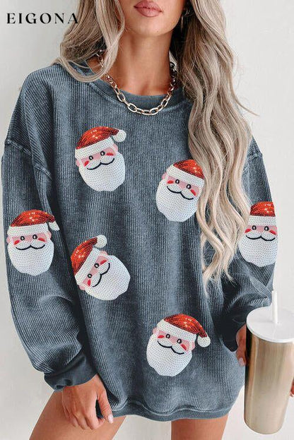 Sequin Santa Patch Ribbed Sweatshirt, Christmas Sweater Misty Blue christmas sweater clothes Ship From Overseas Sweater sweaters SYNZ