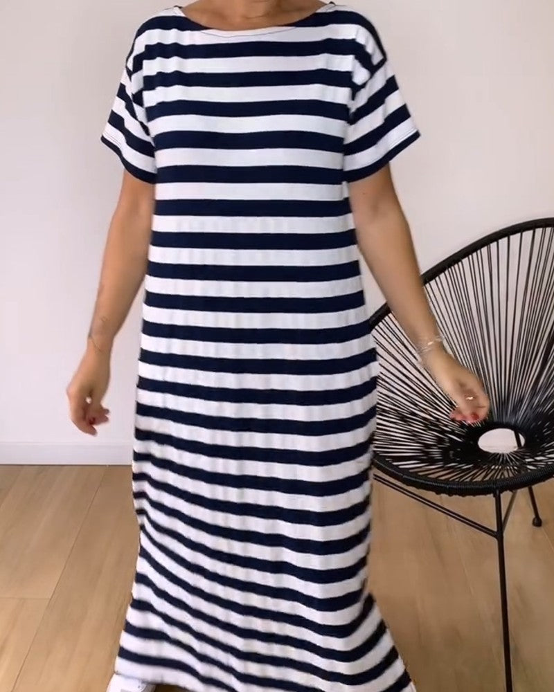 Loose Straight Striped T-Shirt Long Dress