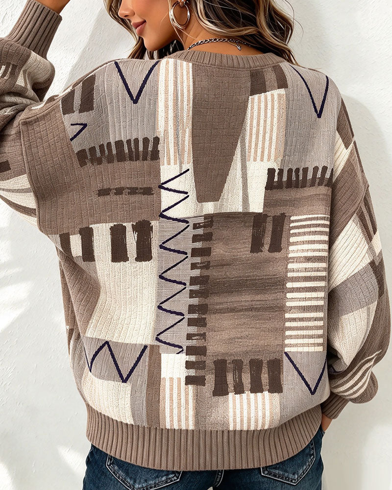 Crew Neck Checkered Color Block Sweatshirt