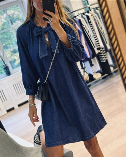 Denim Bow-Tie Three-Quarter Sleeve Dress