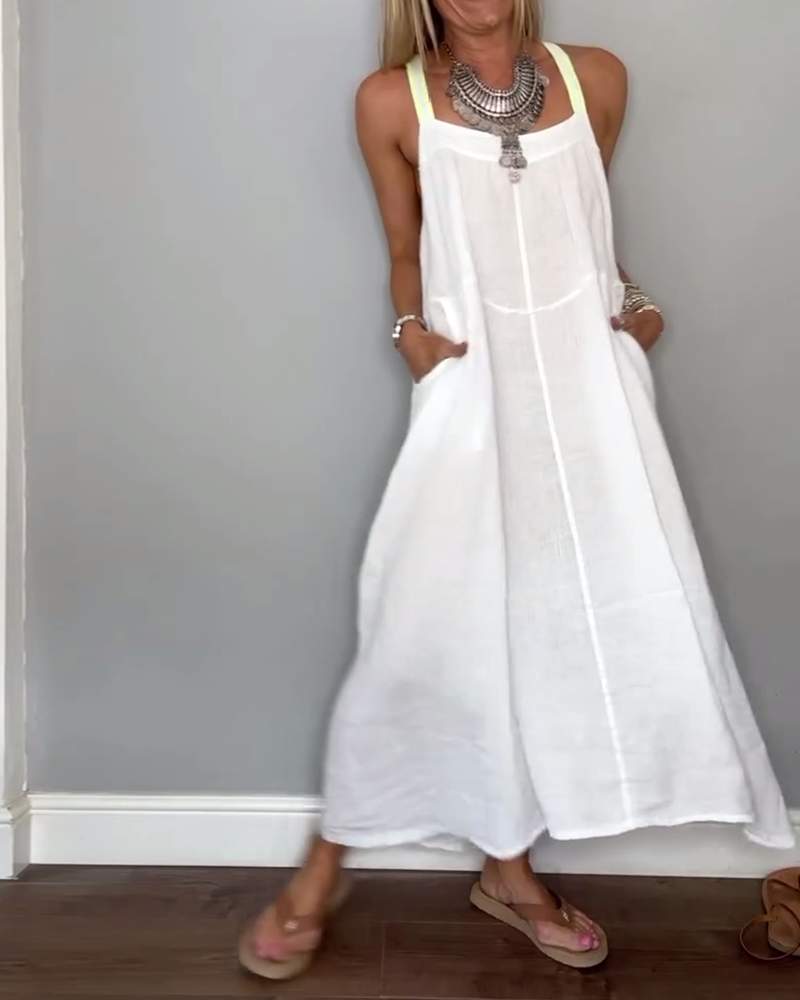 Solid Color Casual Suspender Dress