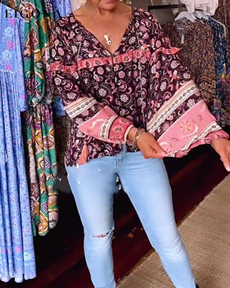 V-neck printed tassel long-sleeve top blouses & shirts spring summer