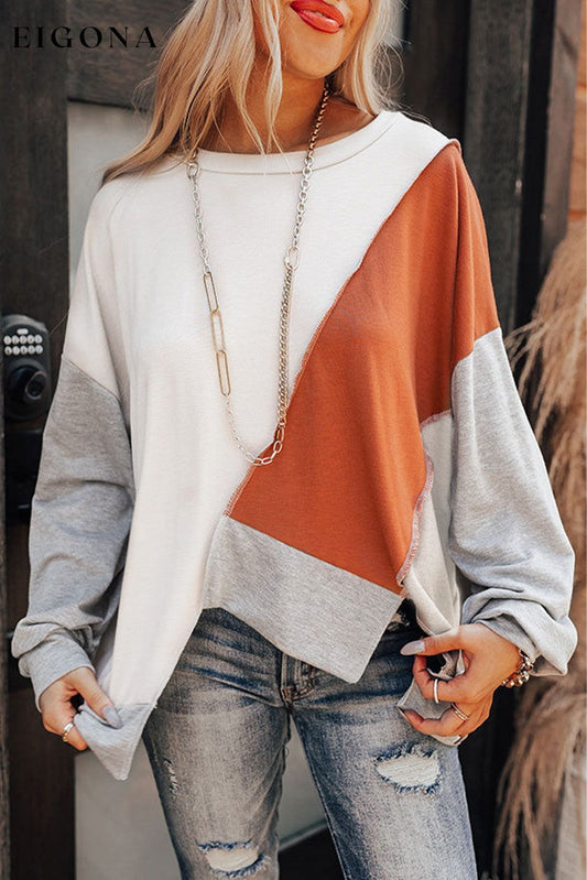Stitching Irregular Hem Long Sleeve Top Khaki 65%Polyester+30%Cotton+5%Elastane Best Sellers clothes Day Halloween EDM Monthly Recomend long sleeve top Occasion Daily Print Color Block Season Fall & Autumn Style Casual Sweater sweaters Sweatshirt