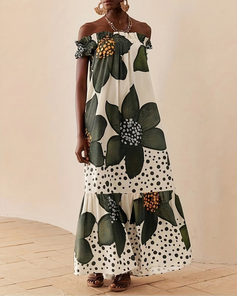 One Shoulder Polka Dot Floral Maxi Dress