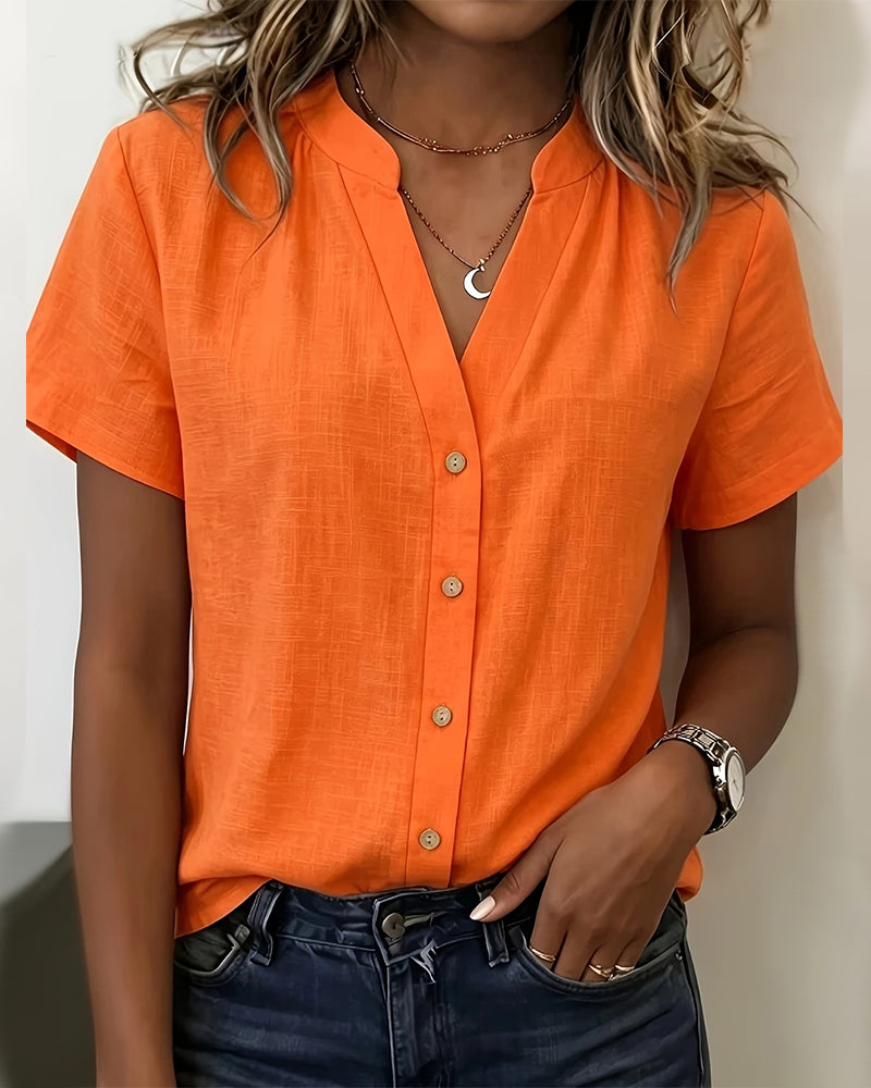 Stand Collar Button-Up Short Sleeve Blouse