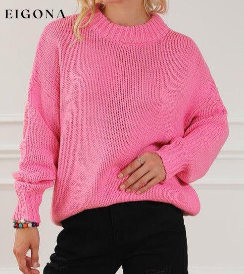 Round Neck Long Sleeve Sweater Fuchsia Pink clothes Ship From Overseas SYNZ