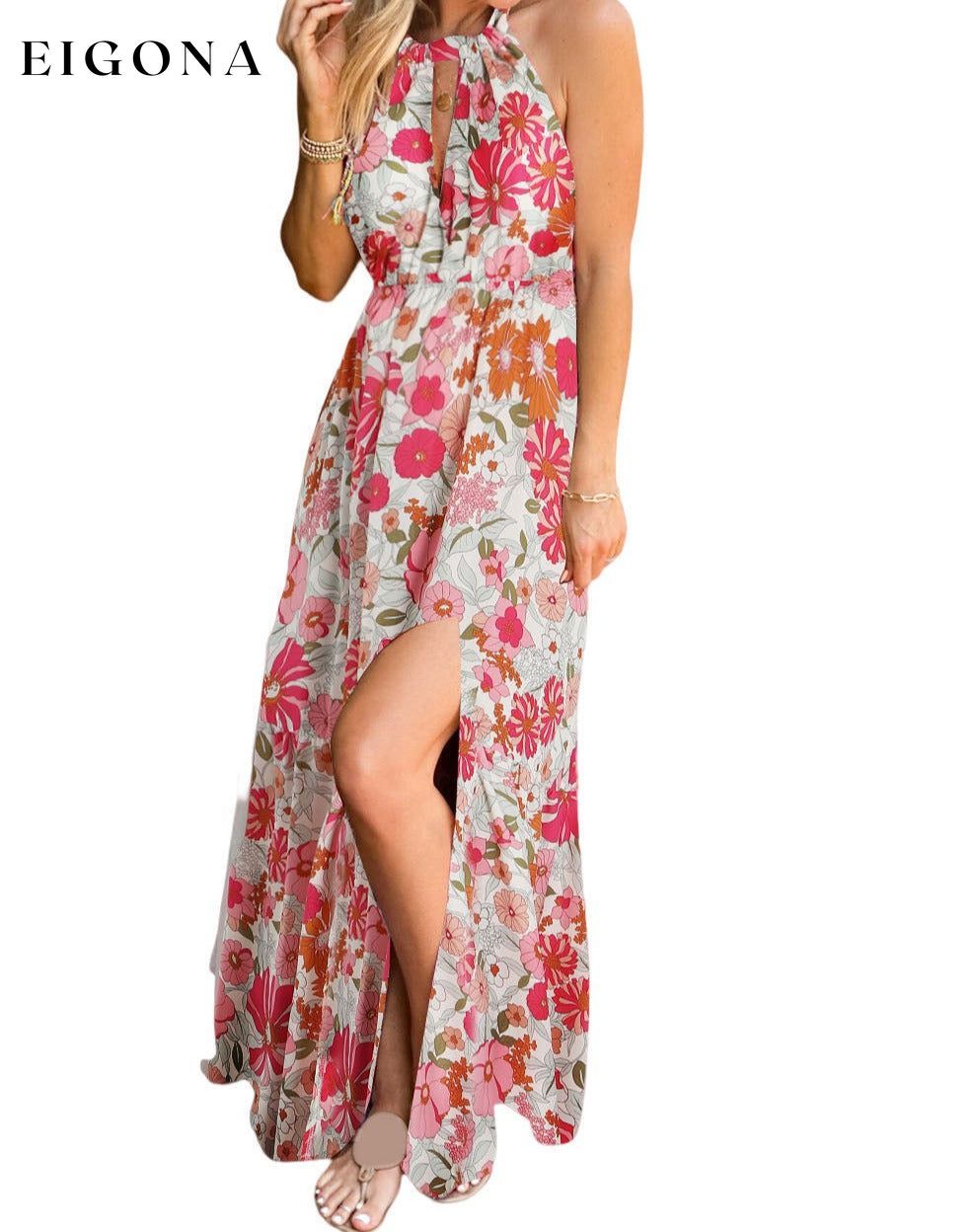 Pink Lace-up Halter Backless High Waist Floral Maxi Dress clothes clothing Day Valentine's Day dress dresses floral dress formal dress formal dresses halter dress long dress long sleeve dress maxi dress maxi dresses Occasion Daily Print Floral Season Summer Silhouette A-Line slit dress Style Southern Belle