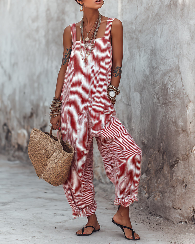 Wide Strap Striped Overalls Jumpsuit
