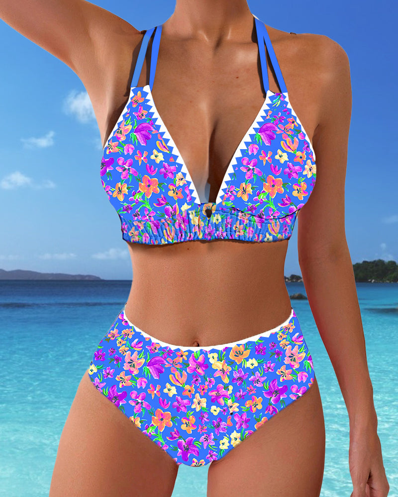 Bikini sexy con stampa floreale e scollo a V