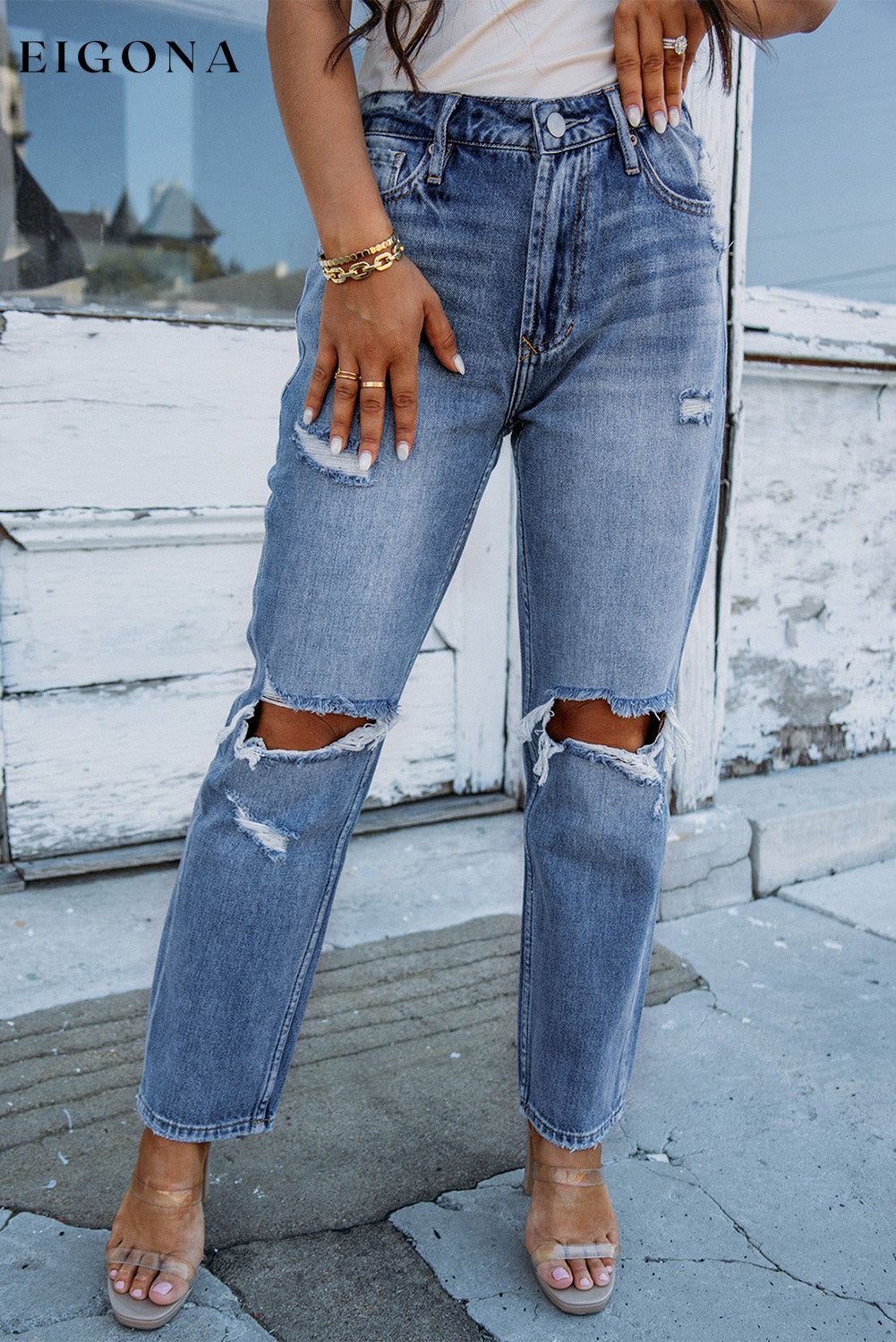 Sky Blue Open Knee Cutout Straight Leg Jeans All In Stock Best Sellers bottoms clothes Color Blue Craft Distressed Early Fall Collection Fabric Denim Hot picks Occasion Daily pants ripped knee Season Spring Style Casual