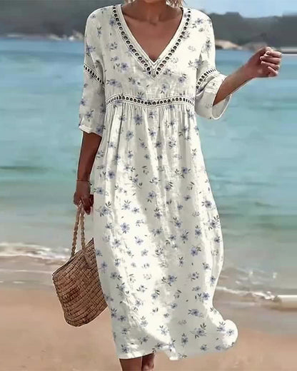 Floral V-Neck Hollow Out Dress