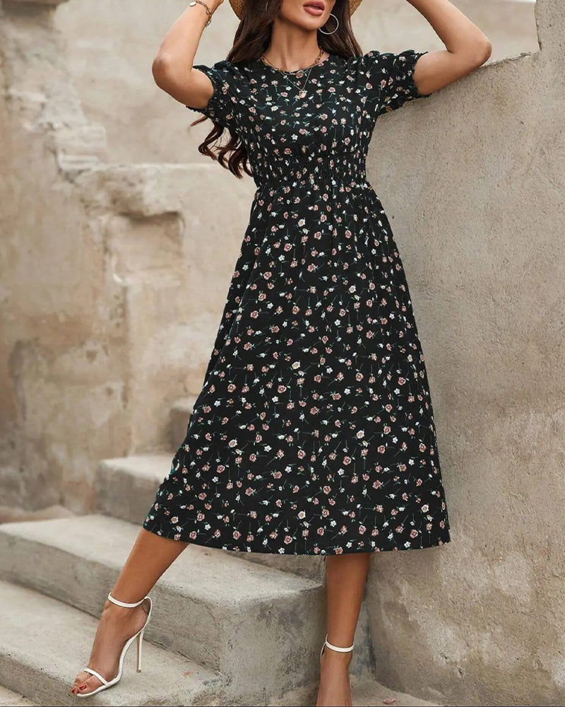 Shirring Floral Print Dress