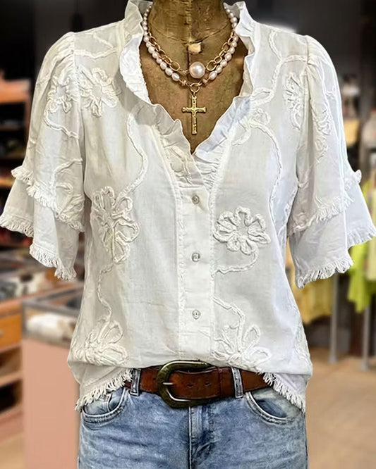 Fringed Hem Puff Sleeve Blouse
