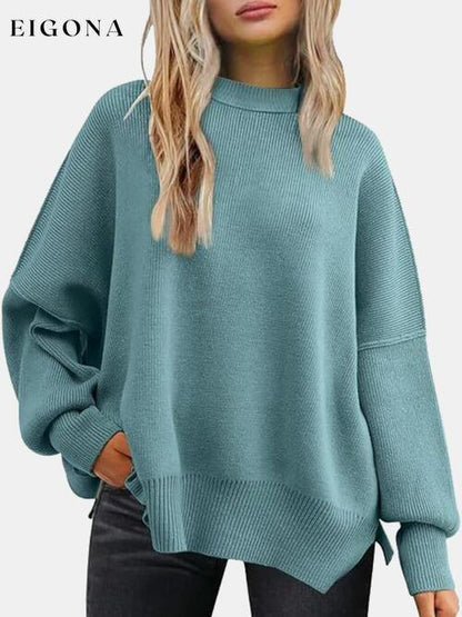 Round Neck Drop Shoulder Slit Sweater Turquoise clothes R.T.S.C Ship From Overseas Sweater sweaters Sweatshirt