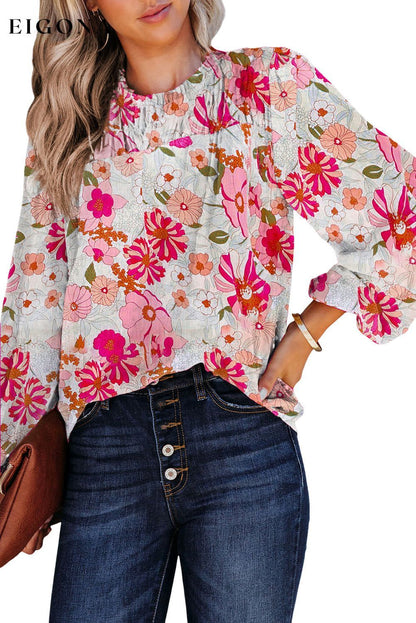 White Floral Frilled Neckline Puff Sleeve Blouse clothes long sleeve shirt long sleeve shirts long sleeve top long sleeve tops shirts top tops Tops/Blouses