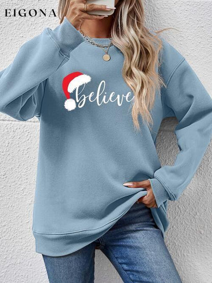 BELIEVE Graphic Long Sleeve Holiday Christmas Sweatshirt Misty Blue Changeable christmas sweater clothes Ship From Overseas