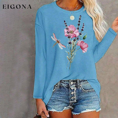 【100% Cotton】 100% Cotton Floral Print T-Shirt Blue 100% Cotton clothes Plus Size tops