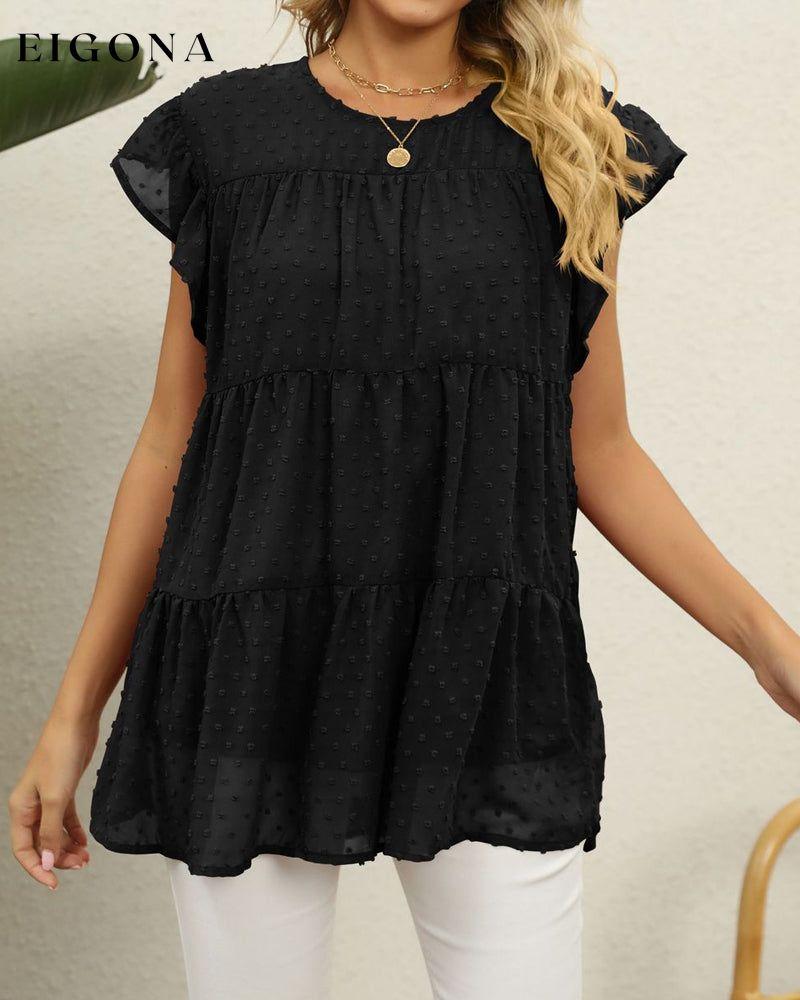 Ruffle Sleeve Blouse in Solid Color Black 23BF clothes Short Sleeve Tops Spring Summer T-shirts Tops/Blouses