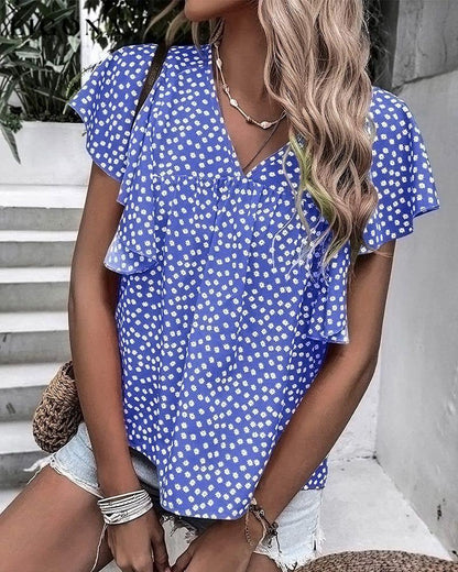 Floral Print T-shirt with Ruffle Sleeves Blue 23BF clothes Short Sleeve Tops Spring Summer T-shirts Tops/Blouses