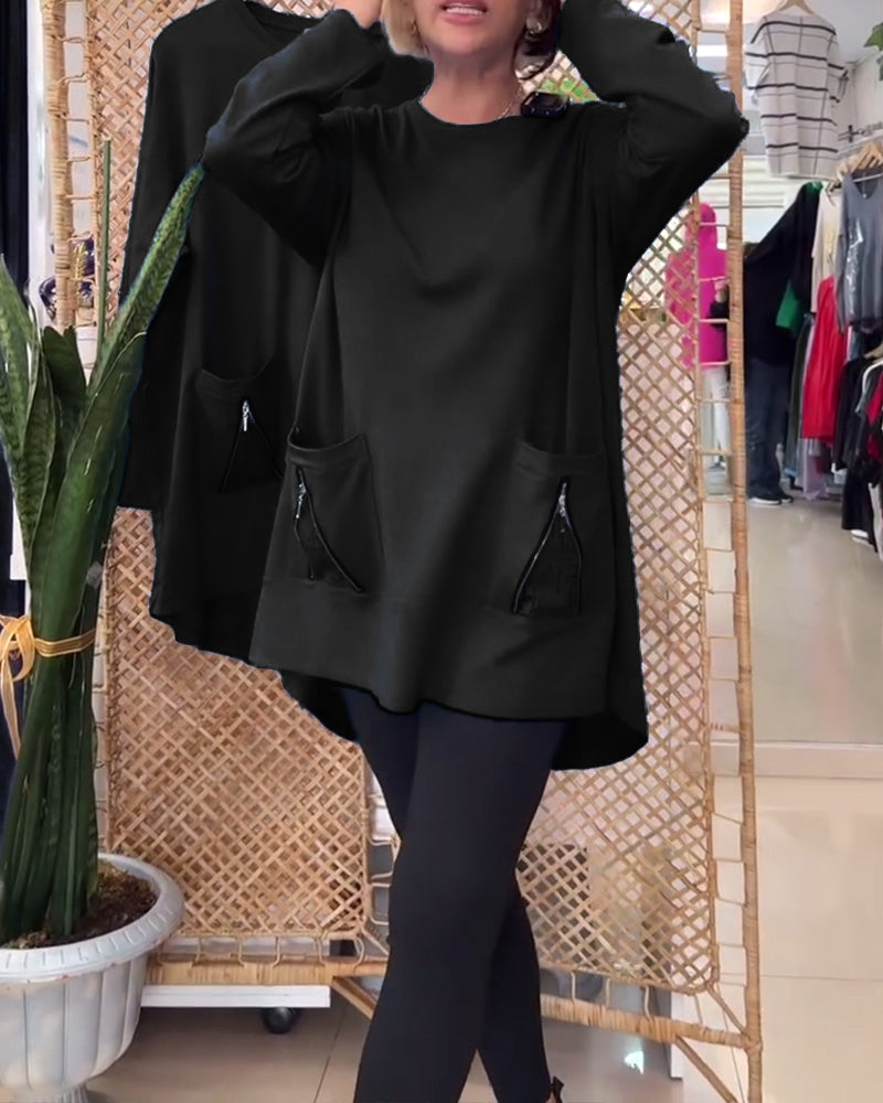 Felpa con scollo tondo e tasca con cerniera tinta unita