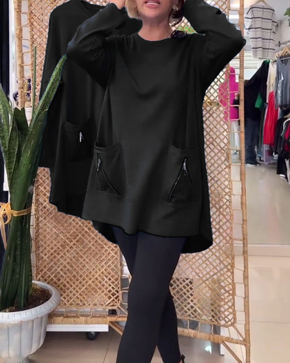 Felpa con scollo tondo e tasca con cerniera tinta unita