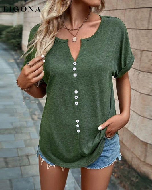 V-neck Hollow Out T-shirt with Short Sleeves Green 23BF clothes Short Sleeve Tops Summer T-shirts Tops/Blouses