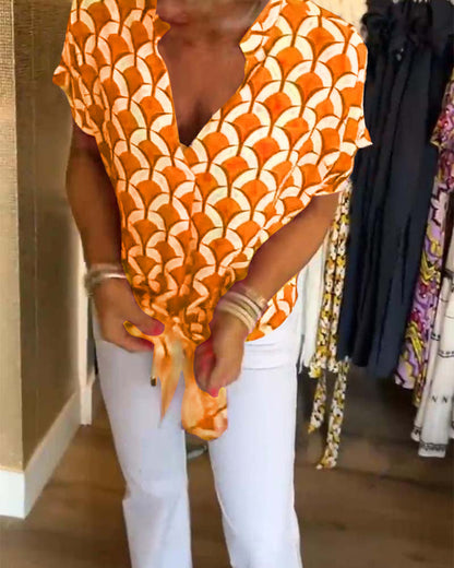 Haut décontracté imprimé à manches courtes et col en V