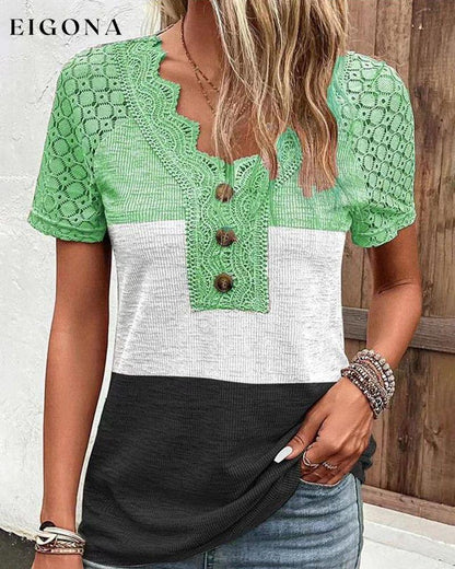 Color block lace T-shirt Green 23BF clothes Short Sleeve Tops Spring Summer T-shirts Tops/Blouses