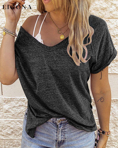 Solid color V-neck t-shirt Dark blue 23BF clothes Short Sleeve Tops Summer T-shirts Tops/Blouses