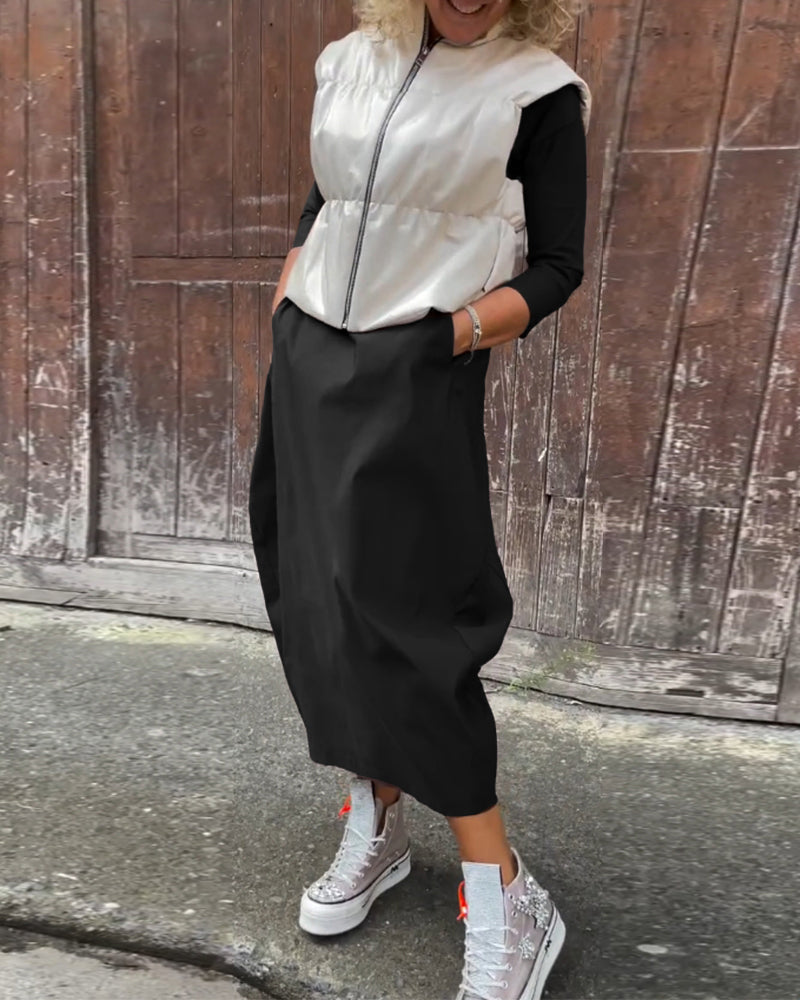 Abito elegante semplice a maniche lunghe con tasca in tinta unita